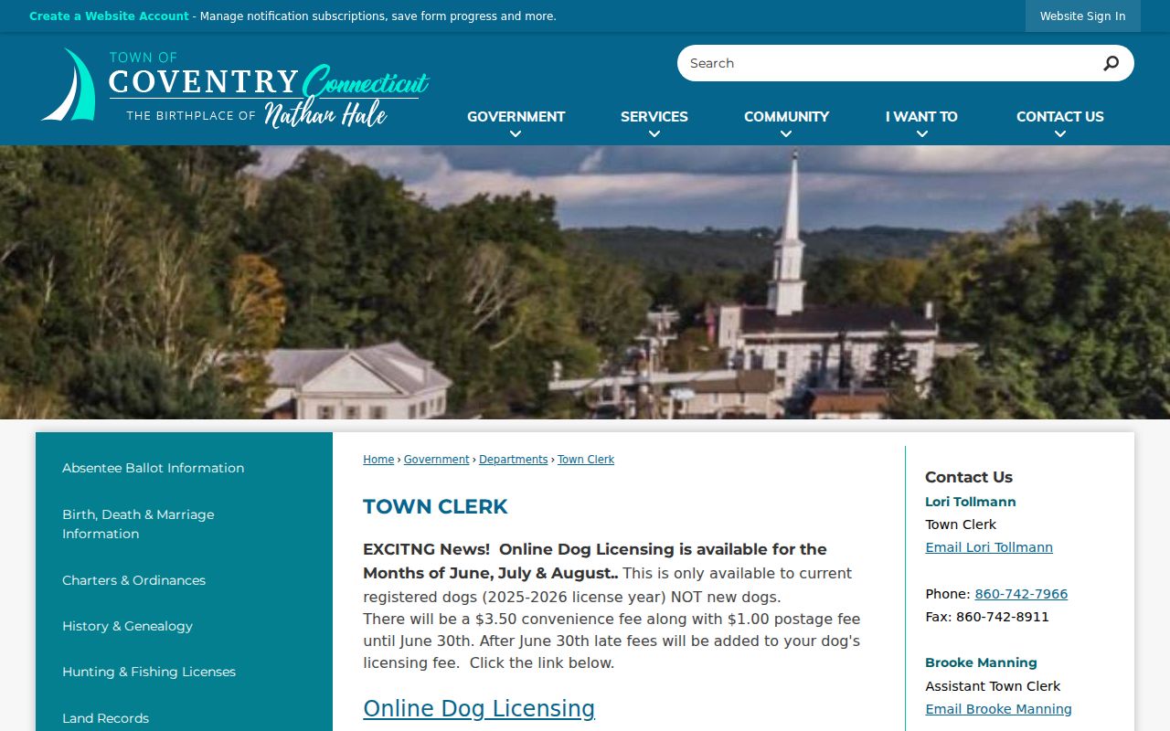 Tolland County clerk records - Coventry Town Clerk landing page for vital and land records
