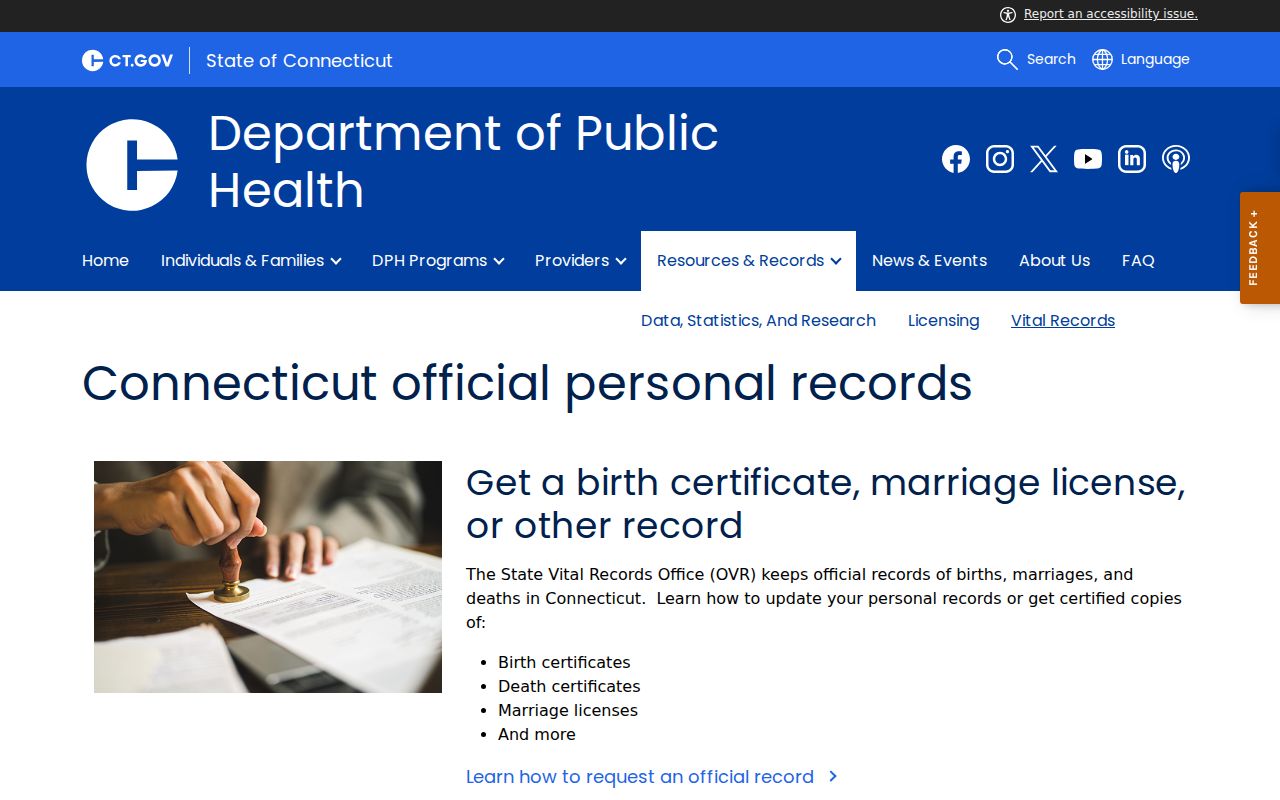 Tolland County clerk records - Connecticut Department of Public Health vital records overview
