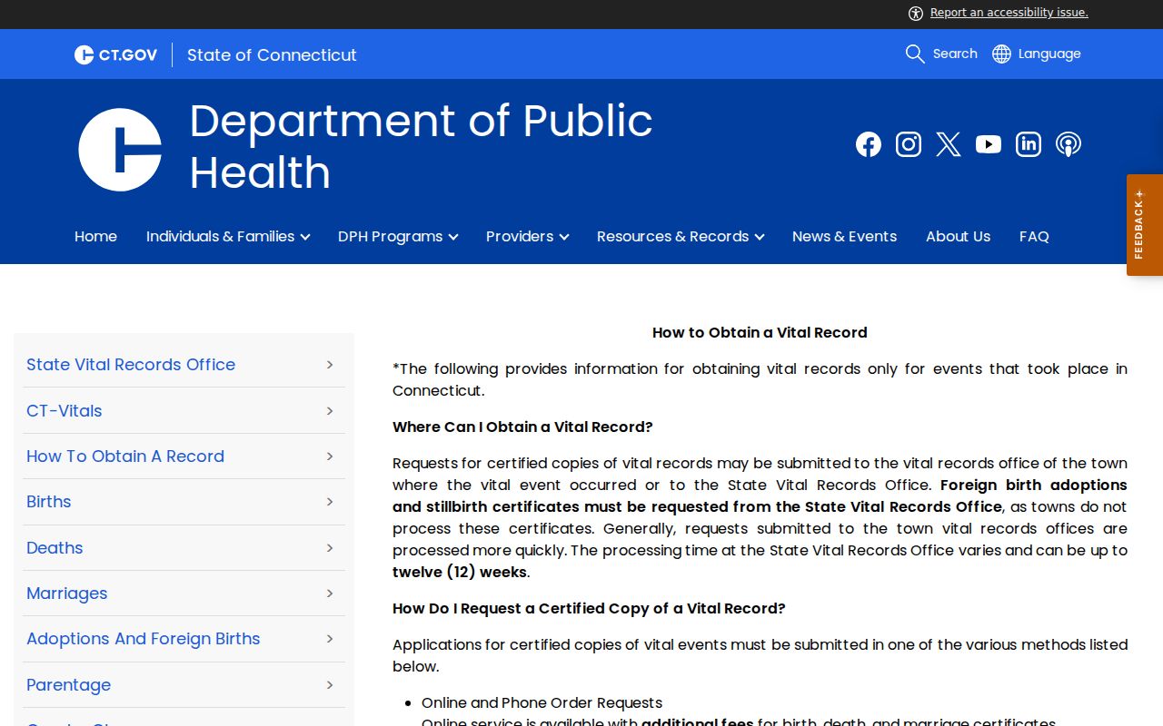 Tolland County clerk records - DPH request channels and fees for certified vital records