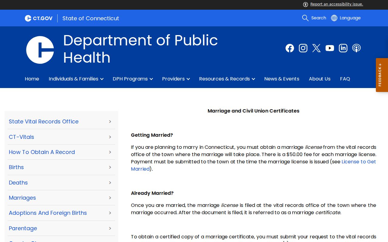 Tolland County clerk records - DPH marriage and civil union certificate page