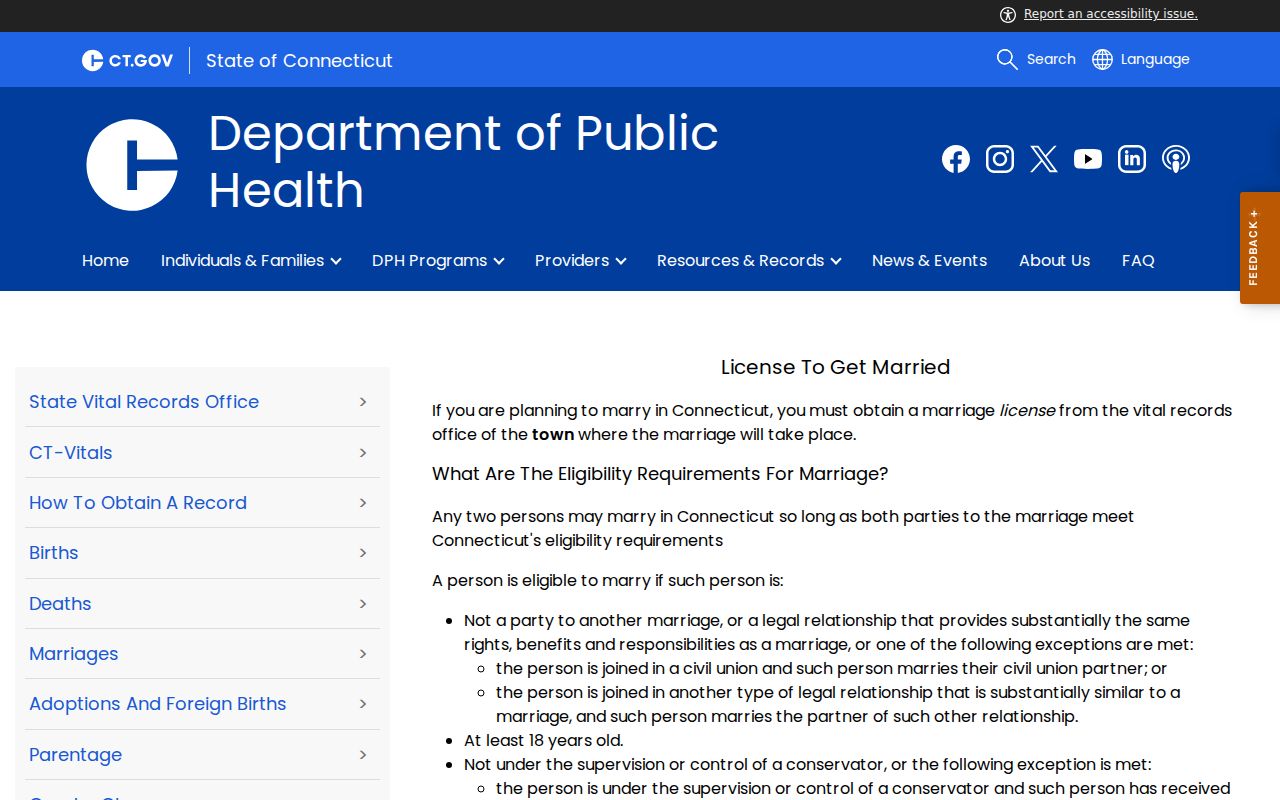 Tolland County clerk records - DPH marriage license process and town-of-ceremony rule