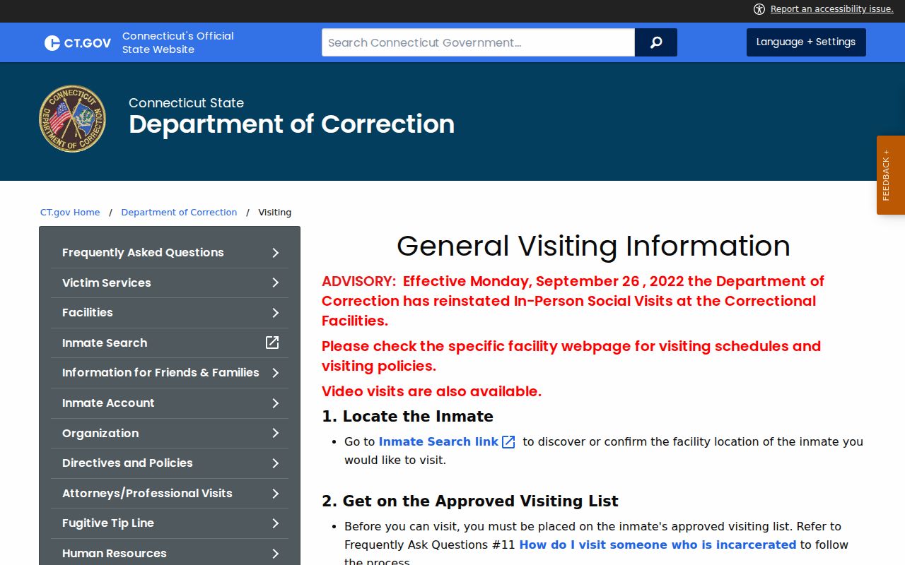 Tolland County arrest records and court charges - DOC statewide visiting rules, schedule links, holiday restrictions, and visit duration notes