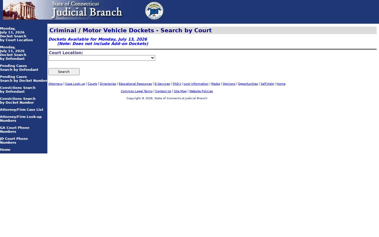 Tolland County court docket search by Rockville court location