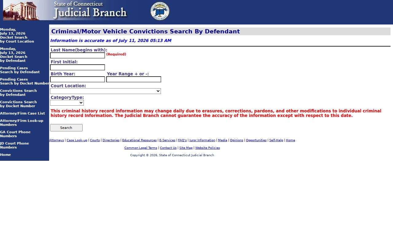 Tolland County court dockets conviction search by defendant