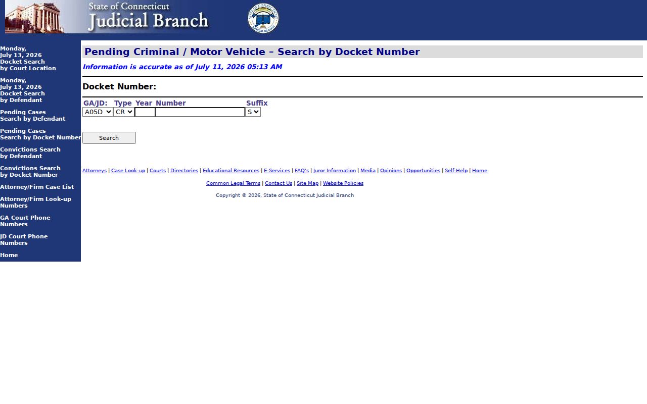 Tolland County pending criminal motor vehicle docket number search