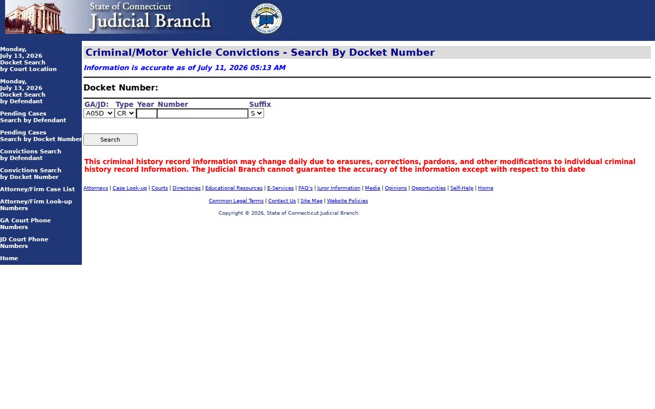 Tolland County court dockets conviction search by docket number