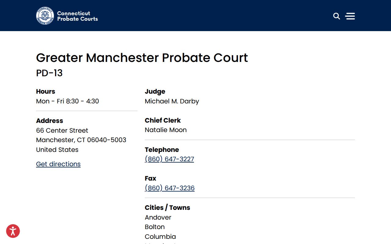 Tolland County probate dockets for Andover Bolton and Columbia