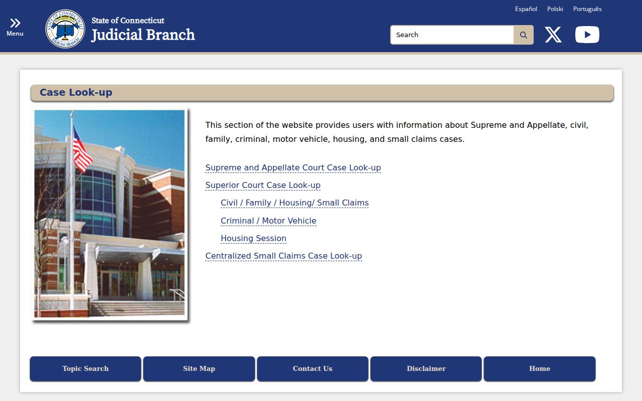 Tolland County court records case lookup menu