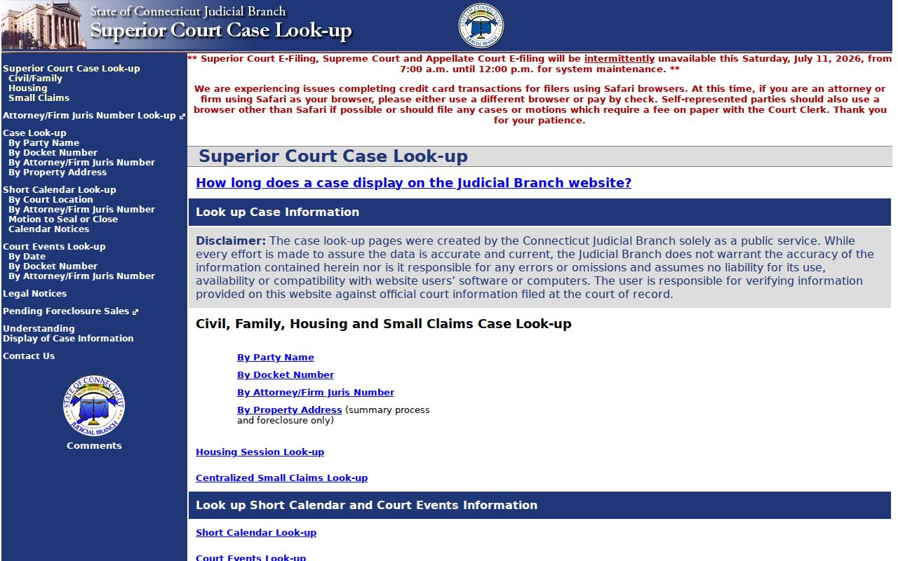 Tolland County court records civil family housing lookup