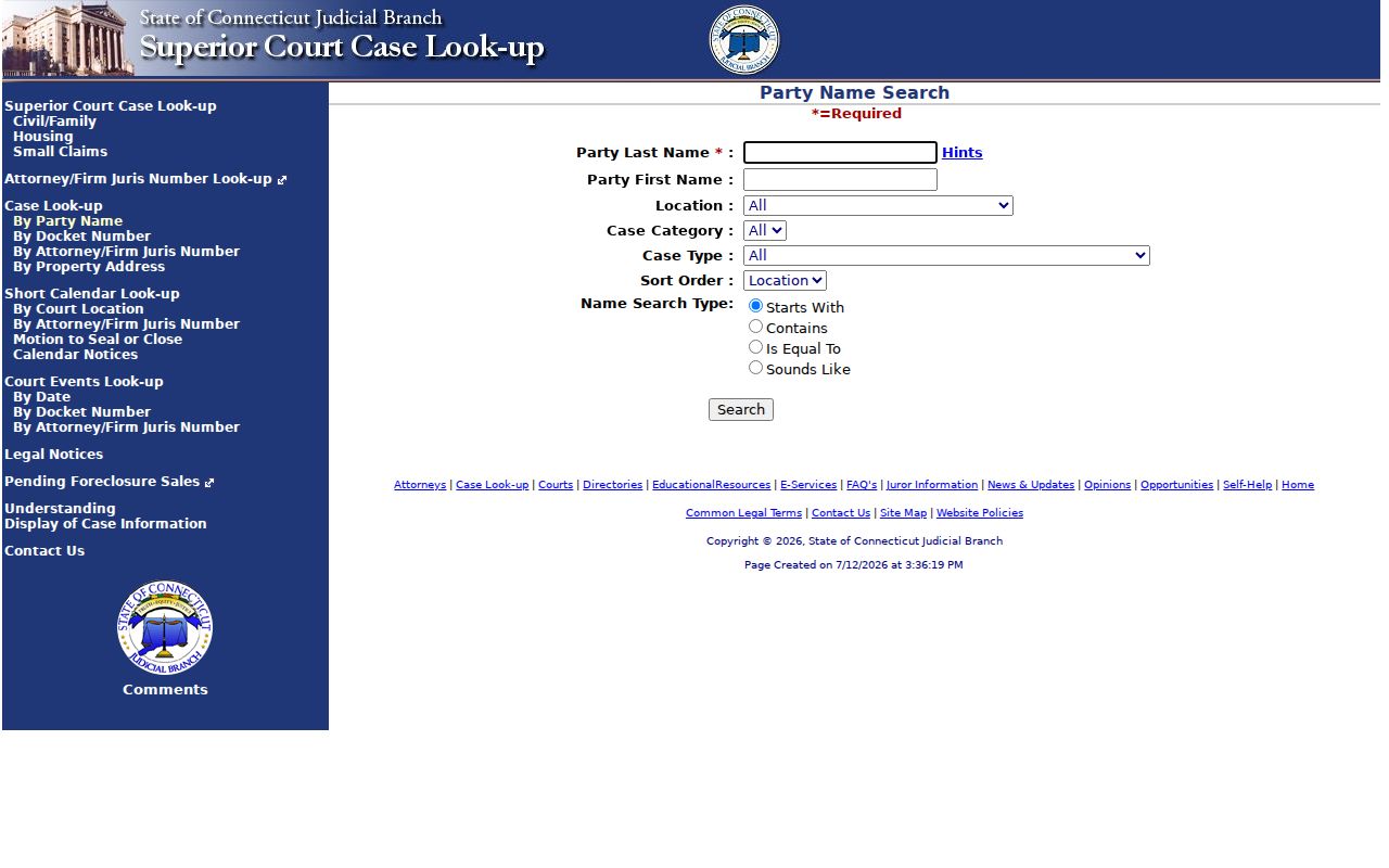 Tolland County court records party search form