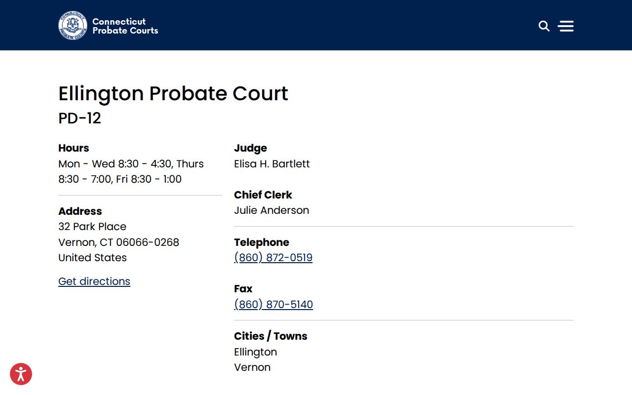 Tolland County probate court records for Ellington and Vernon