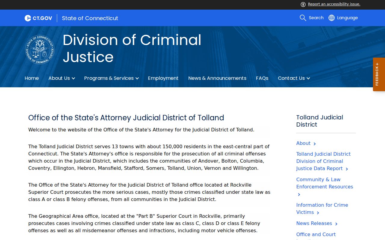 Tolland County criminal court records - State's Attorney Craig P. Nowak biography and Tolland Judicial District prosecution scope