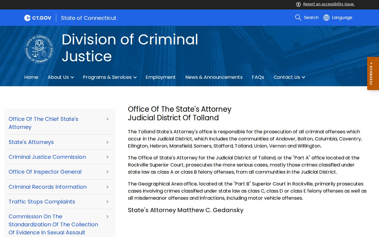 Tolland County criminal court records - Tolland State's Attorney office and court locations page explaining serious-crime prosecution at Rockville Superior Court