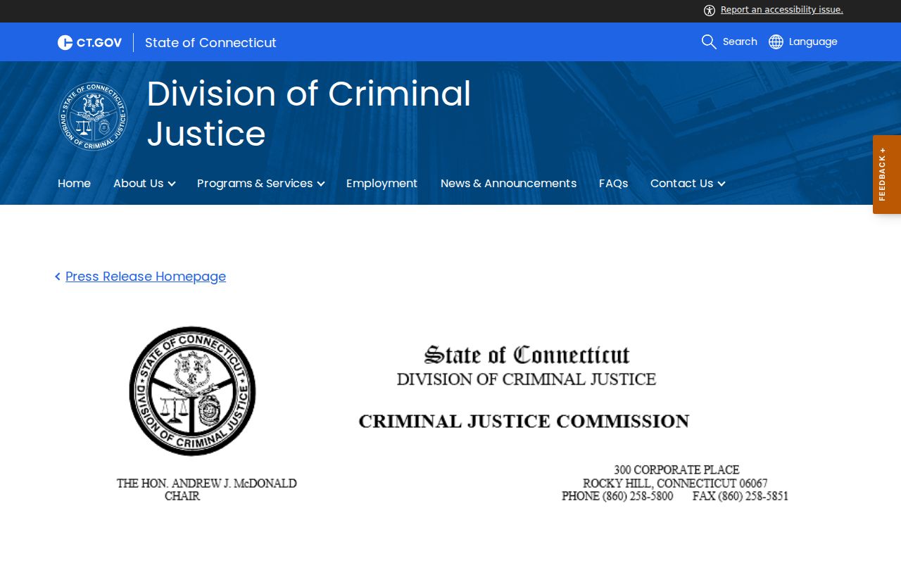 Tolland County criminal court records - May 27, 2025 Criminal Justice Commission release announcing Matthew C. Gedansky would not seek reappointment