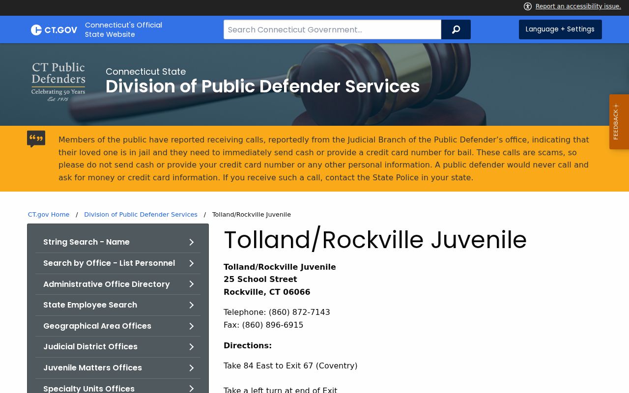 Tolland County Superior Court juvenile public defender office information