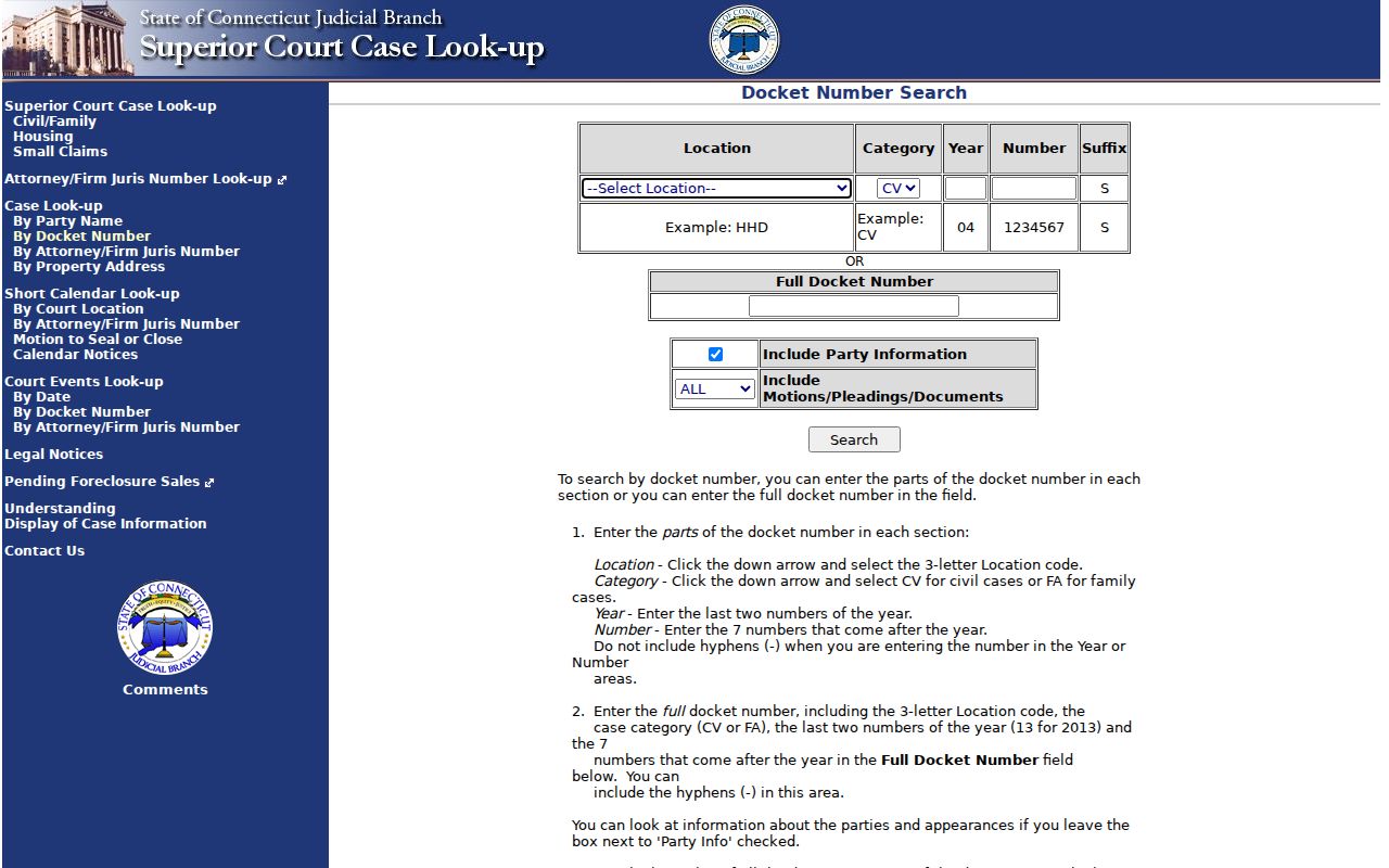 Tolland County Superior Court civil family docket number search