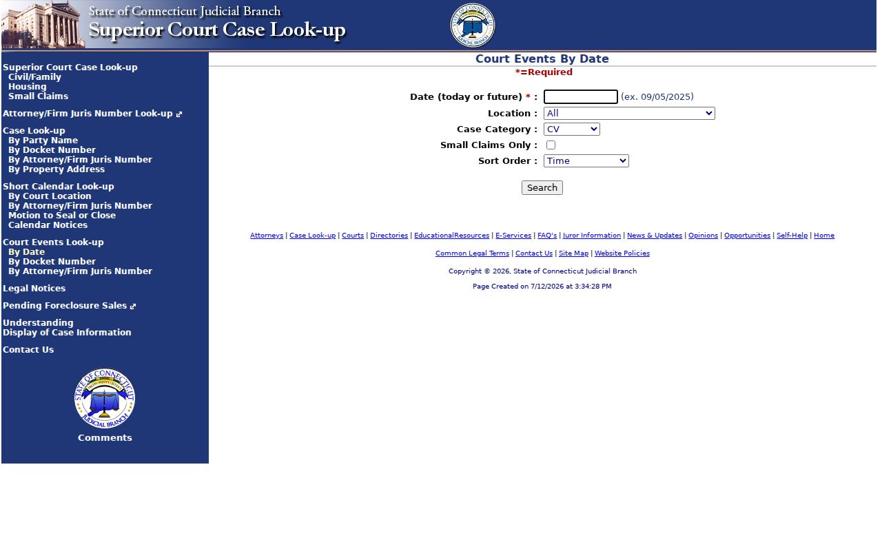 Tolland County Superior Court court events lookup