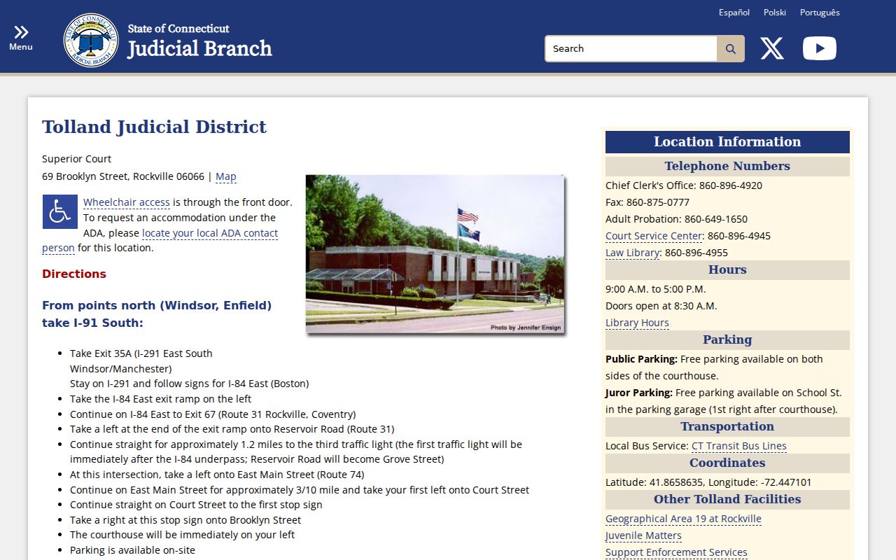 Tolland County court records at the Tolland Judicial District Superior Court in Rockville