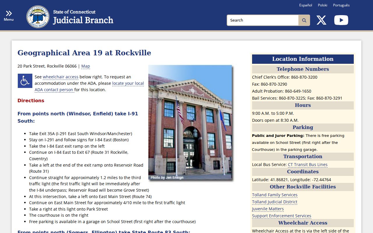 Tolland County court dockets at Geographical Area 19 in Rockville
