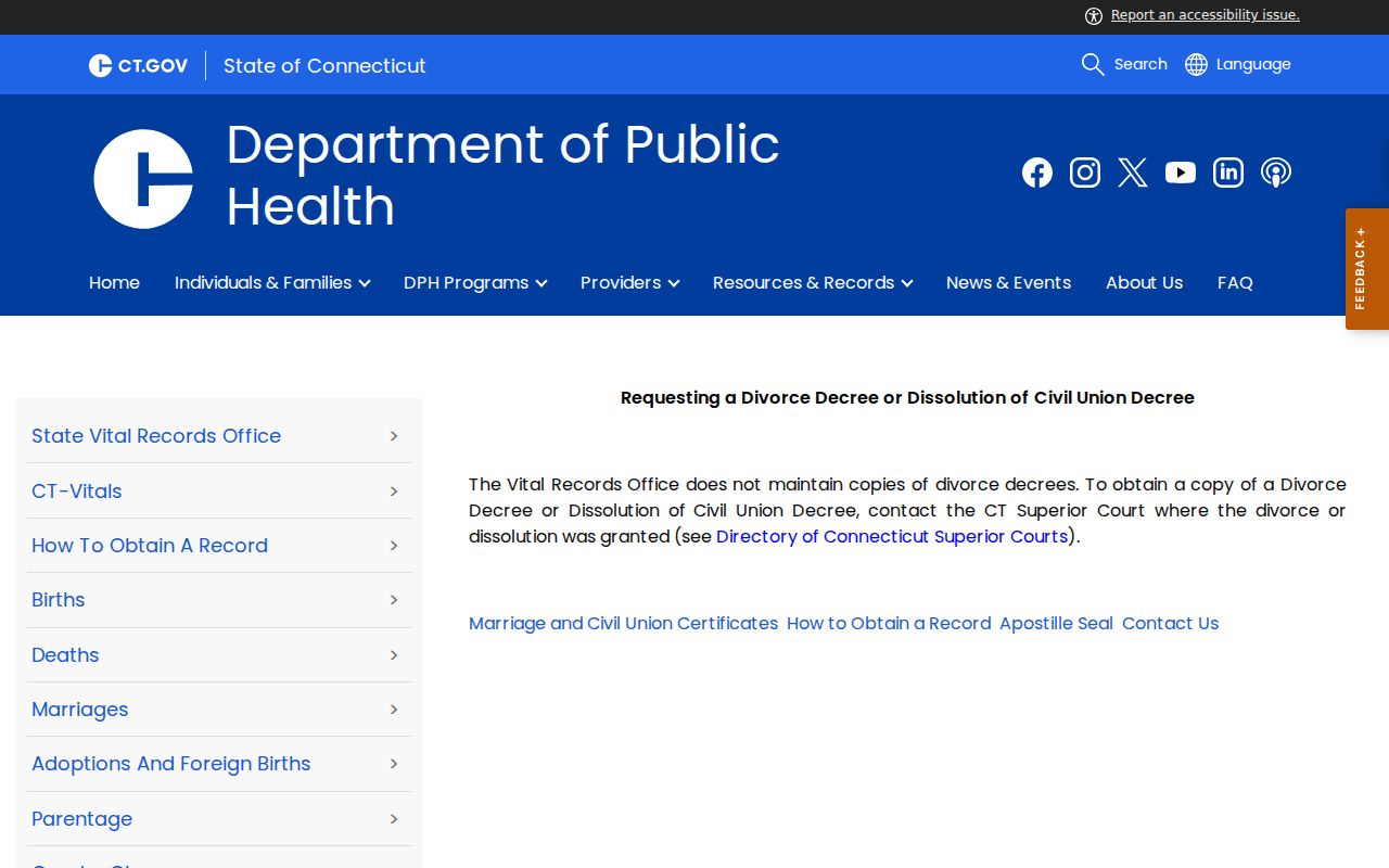 Tolland County divorce records guidance from Connecticut DPH