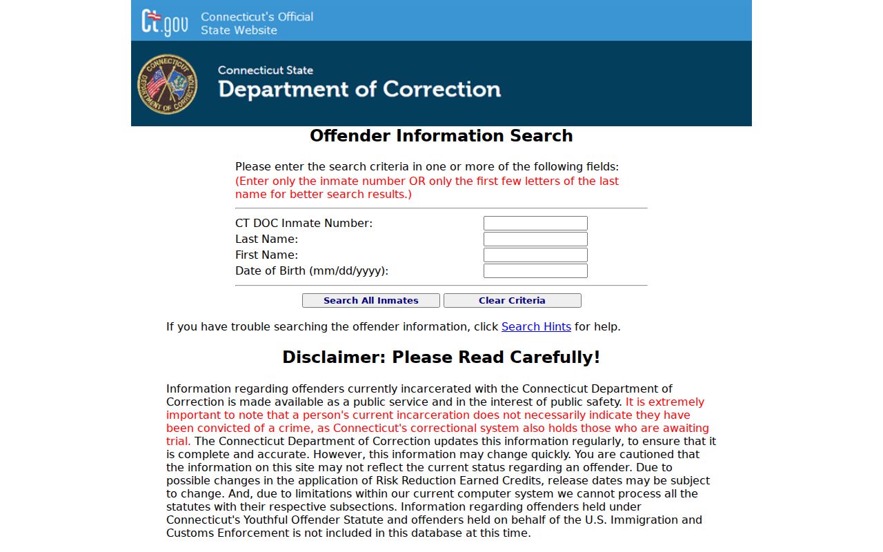 Tolland County inmate records - Connecticut DOC inmate information search page
