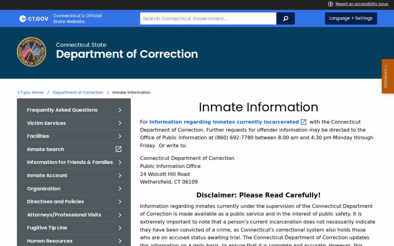 Tolland County inmate records - DOC inmate information page with public information contact details