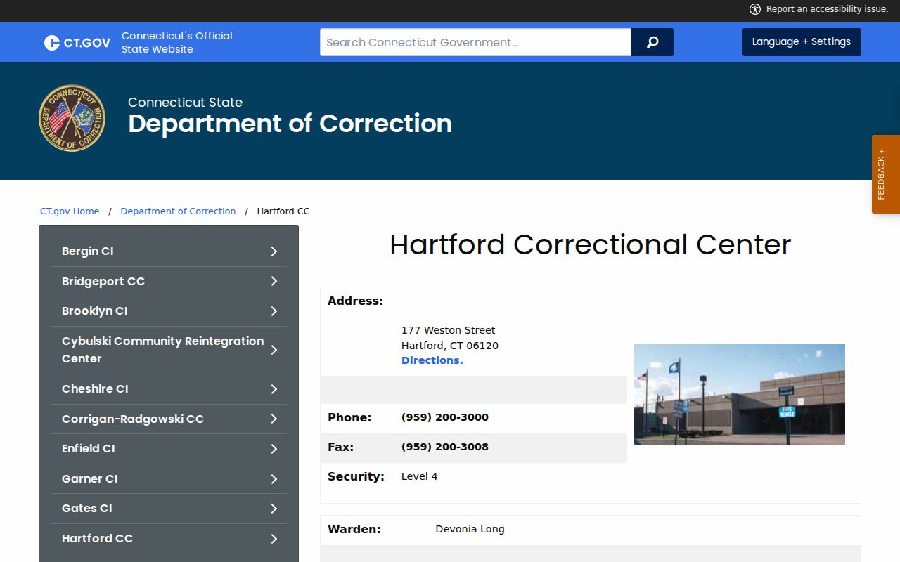 Tolland County inmate records - Hartford Correctional Center page showing Rockville Superior Court service area