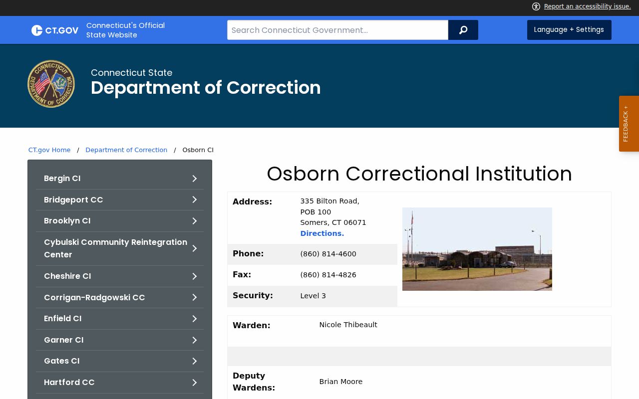 Tolland County inmate records - Osborn Correctional Institution page with Somers address and visiting details