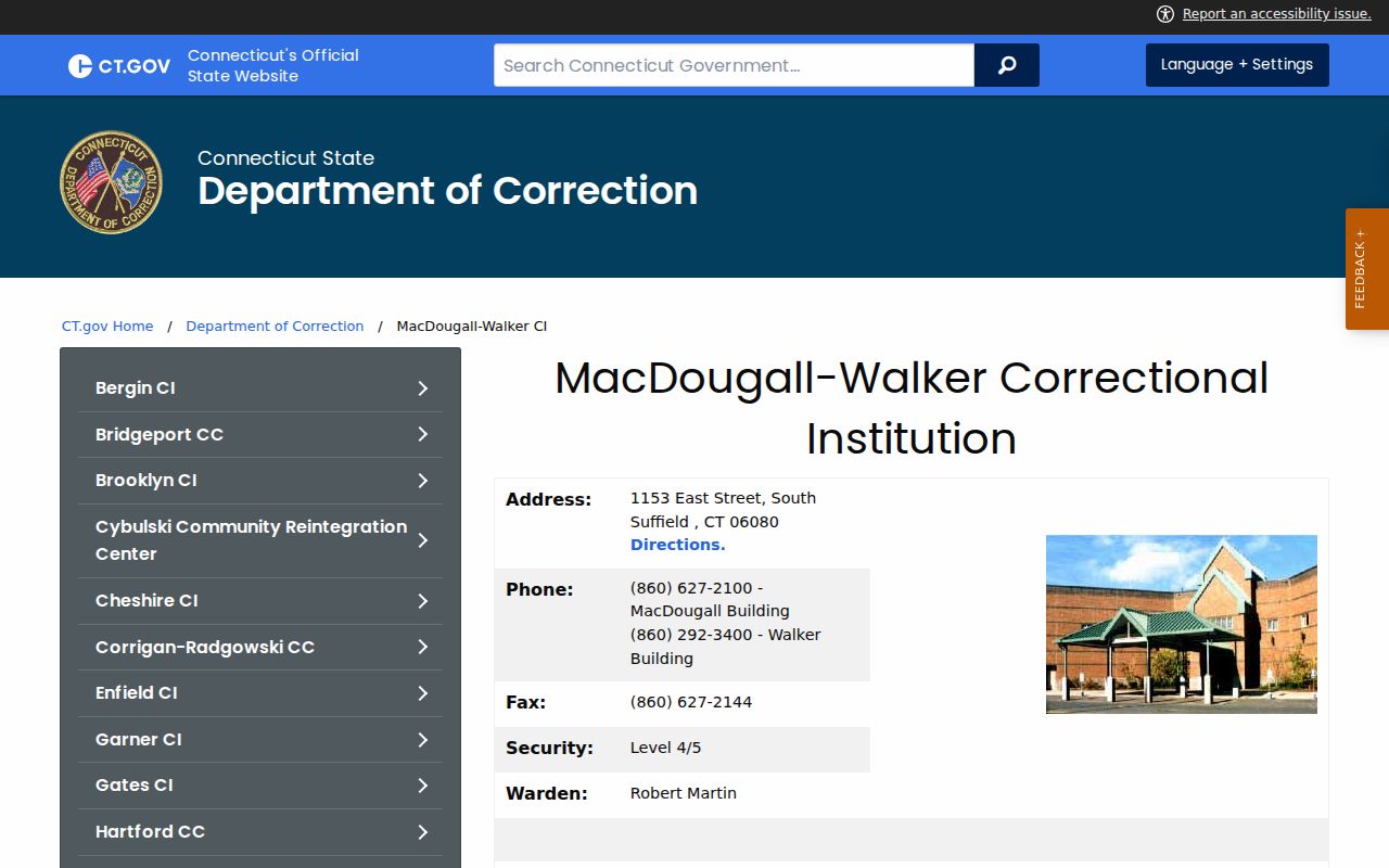 Tolland County inmate records - MacDougall-Walker Correctional Institution page with phones and visiting information
