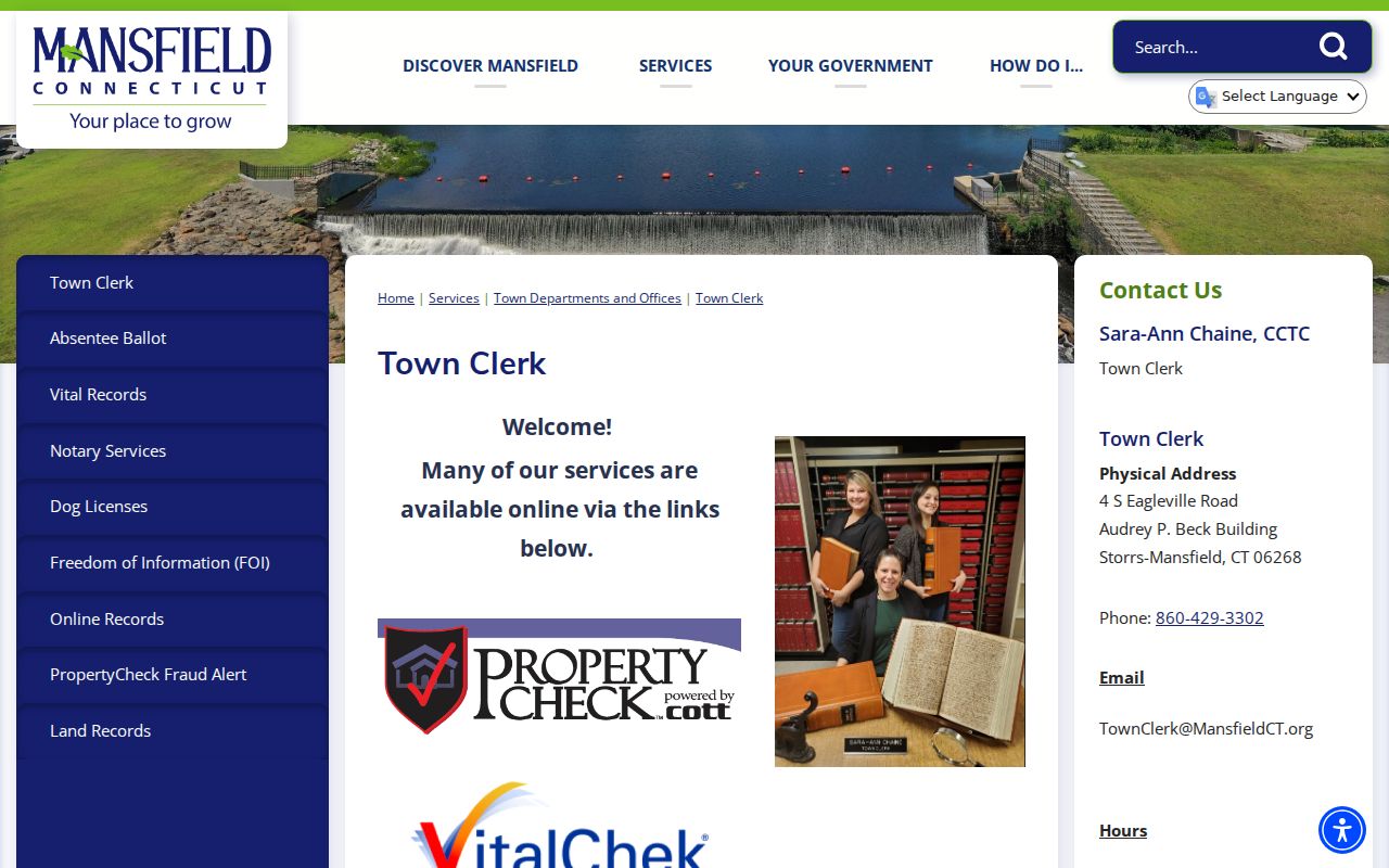 Tolland County marriage and divorce records - Mansfield Town Clerk contact page for local vital records