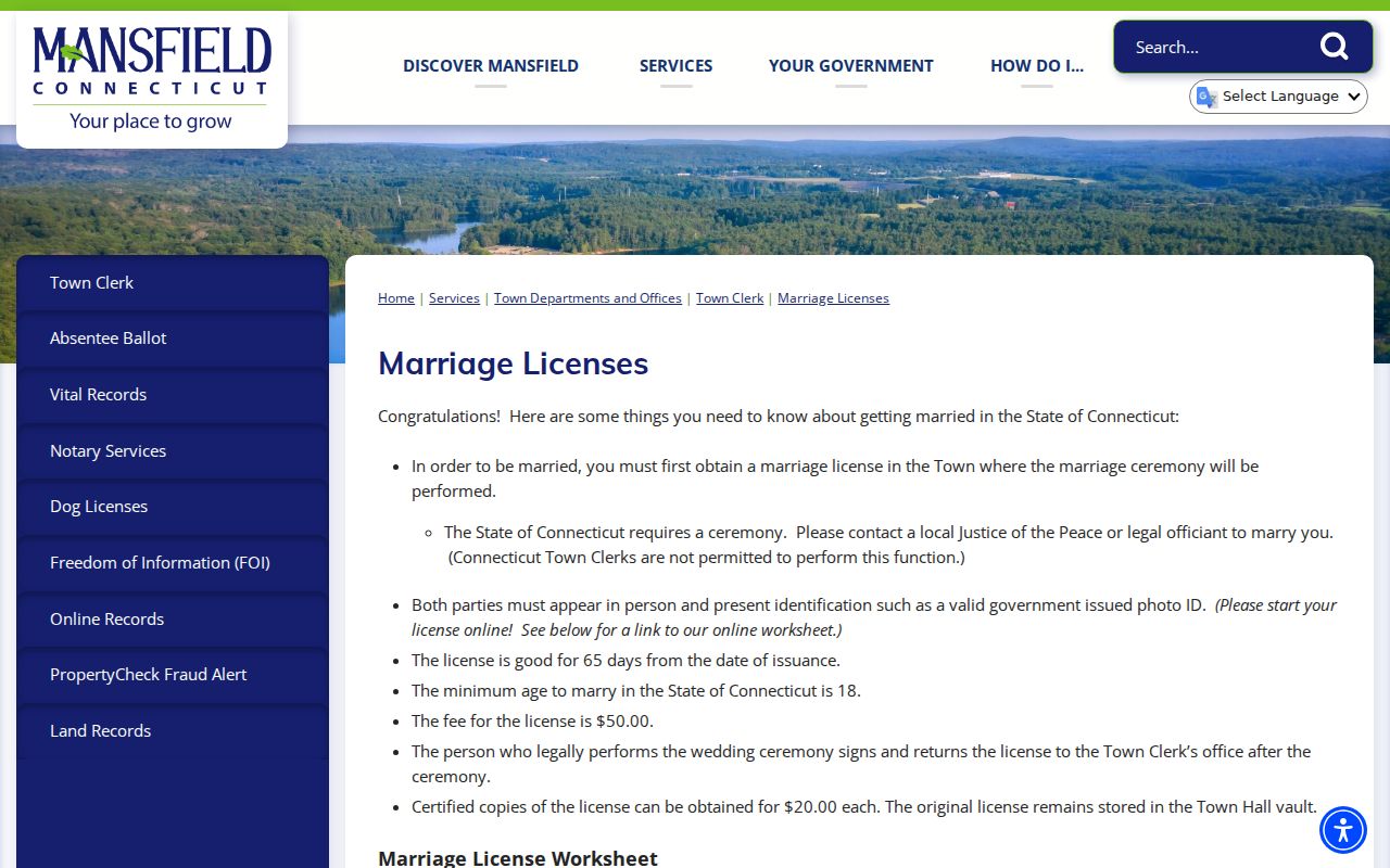 Tolland County marriage and divorce records - Mansfield marriage license details with fee and 65-day validity