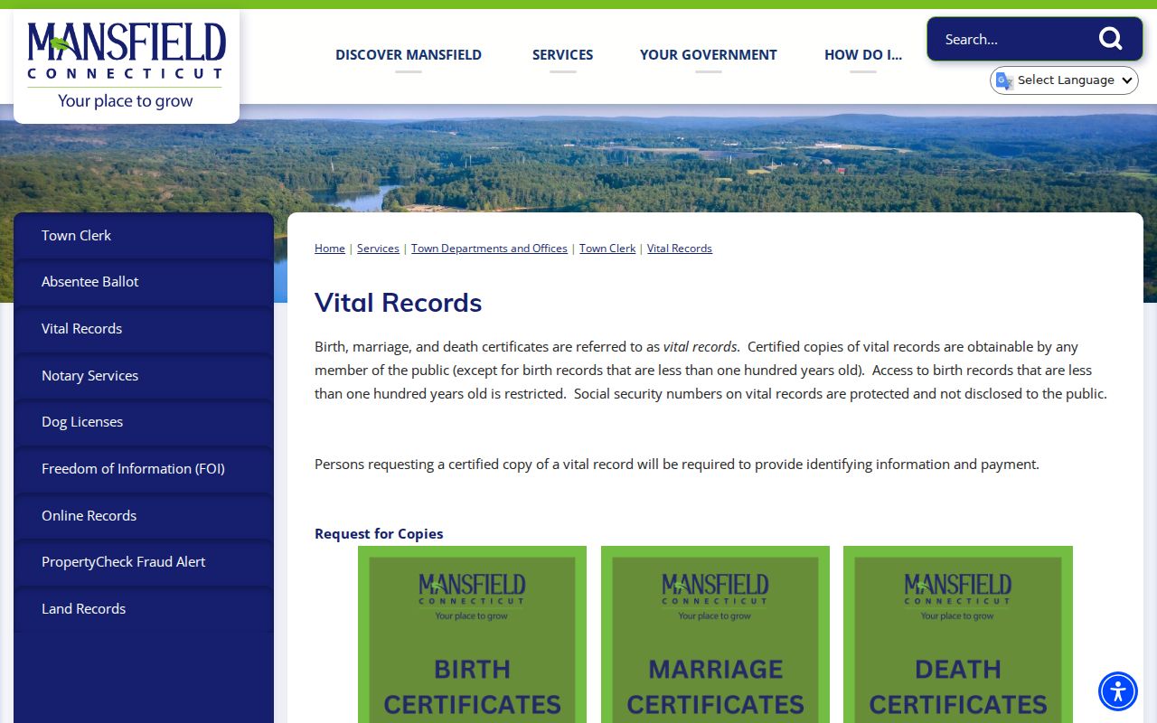 Tolland County marriage and divorce records - Mansfield vital records page with public access and restrictions