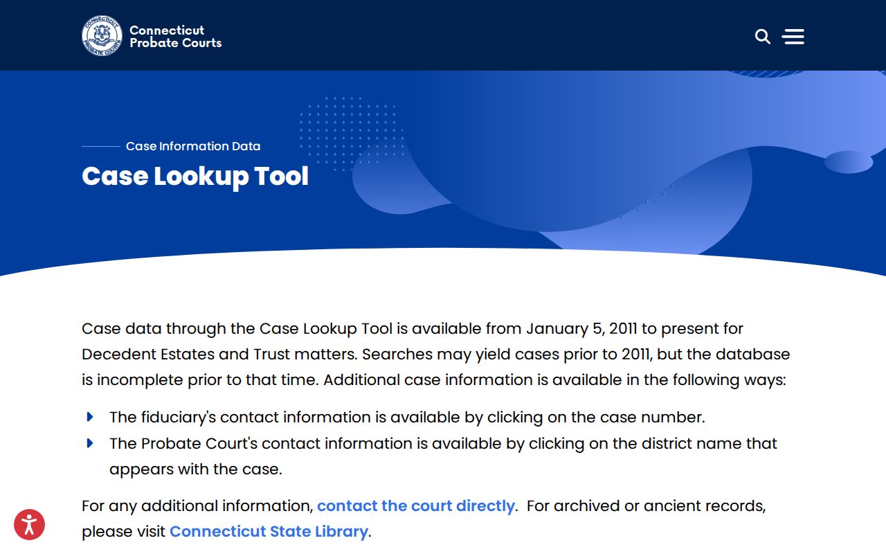 Tolland County probate records - Probate Case Lookup Tool coverage note and contact guidance