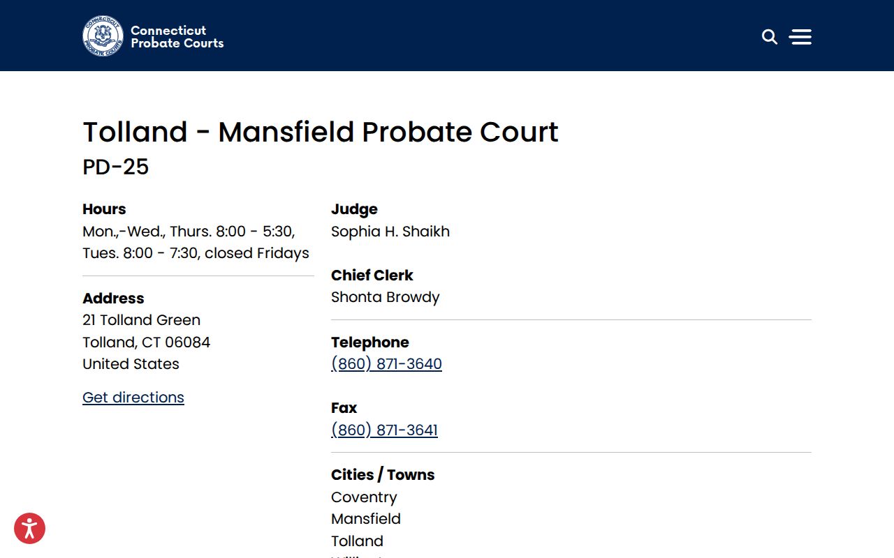 Tolland County probate records - Tolland-Mansfield Probate Court page serving Coventry, Mansfield, Tolland, and Willington