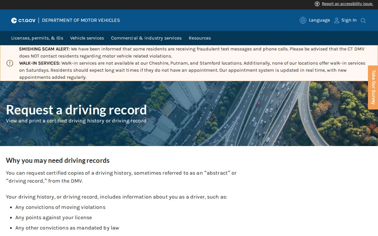 Tolland County traffic court records - DMV certified driving history request page