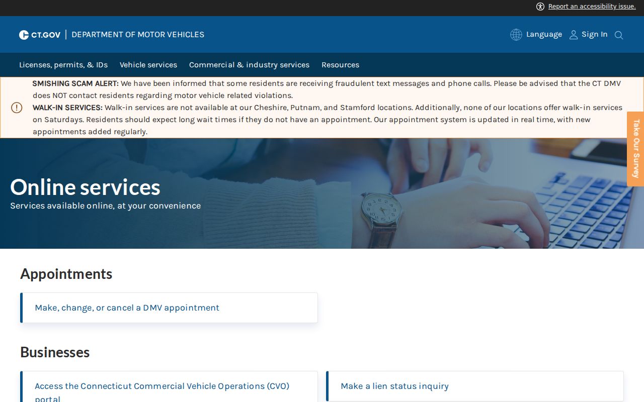 Tolland County traffic court records - DMV online services page including driver history, license status, and traffic ticket links