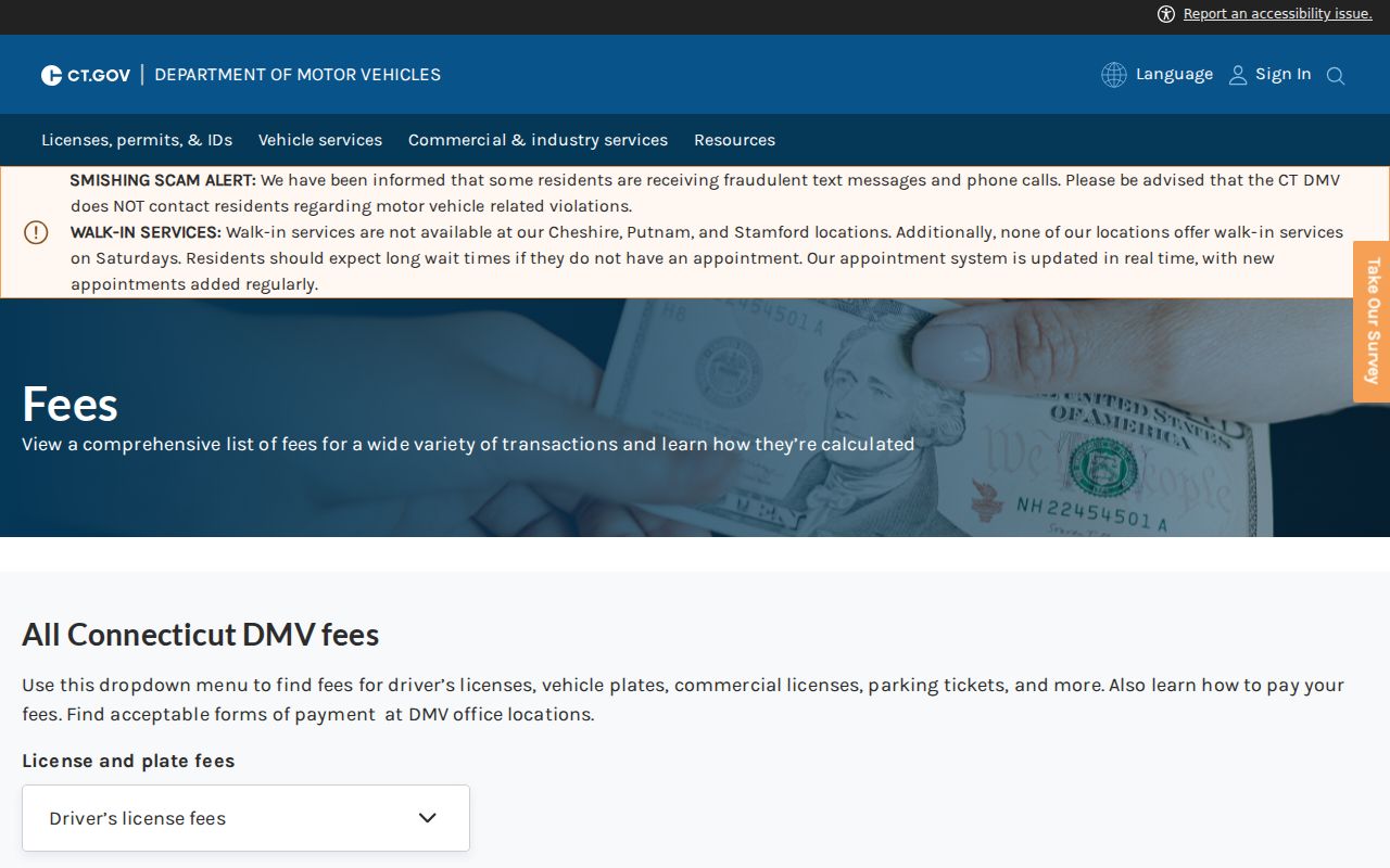 Tolland County traffic court records - DMV fee page including certified driver history fee