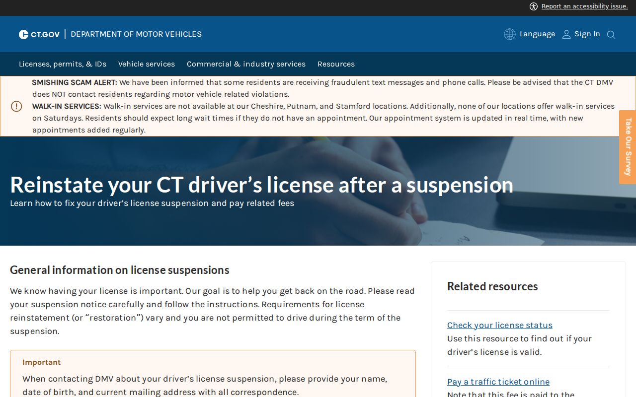 Tolland County traffic court records - DMV license suspension and restoration page