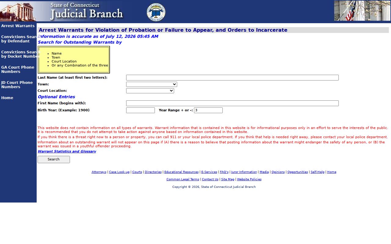 Tolland County warrant records - Judicial Branch warrant search for violation of probation, failure to appear, and orders to incarcerate