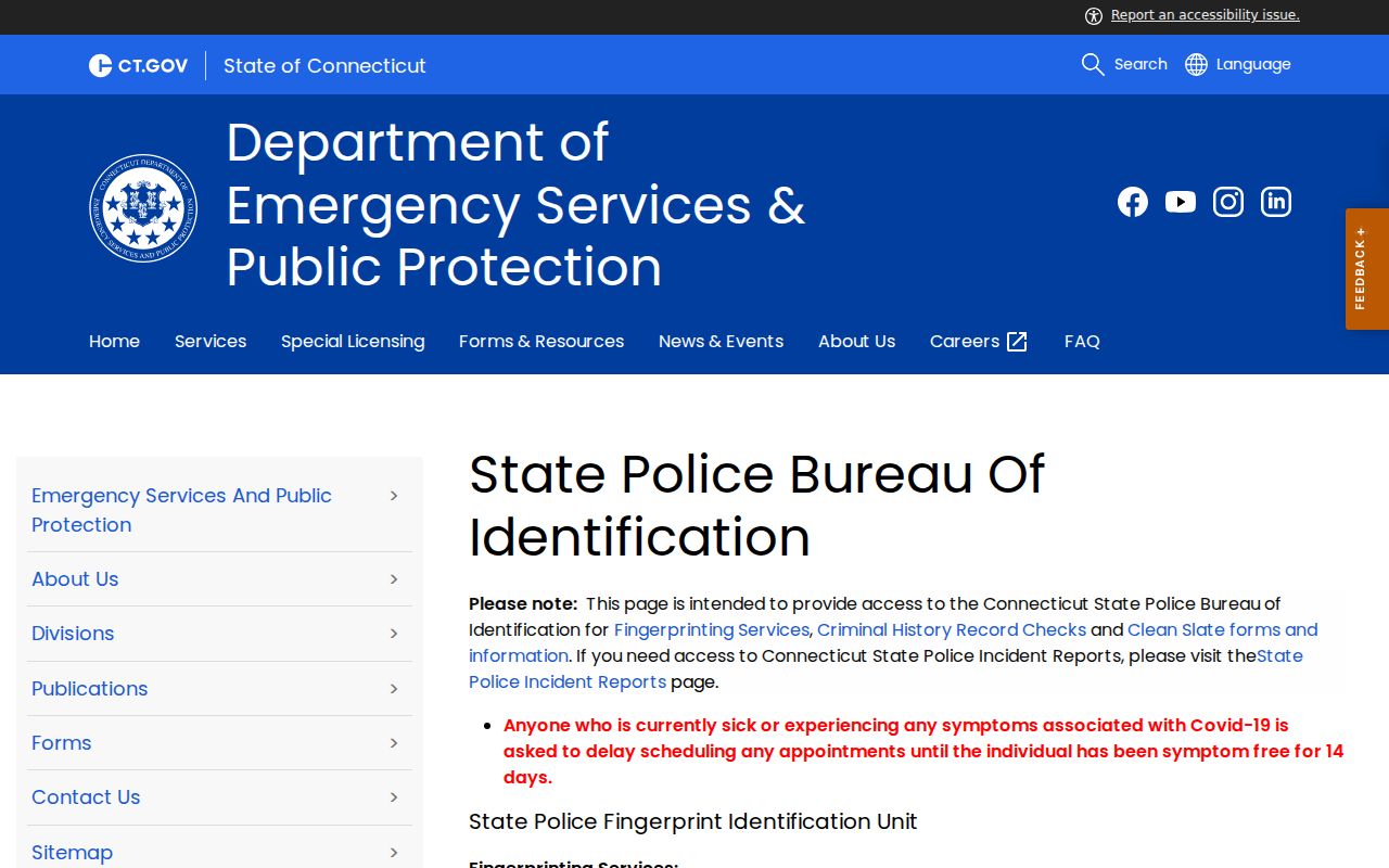 Tolland County warrant records - State Police Bureau of Identification page for criminal history records